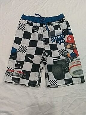 Mario Kart Boys Black & White Check Swim Trunks - Blue Waistband